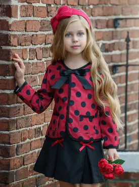 Polished Polka Dot Cardigan and Pleated Skirt Set