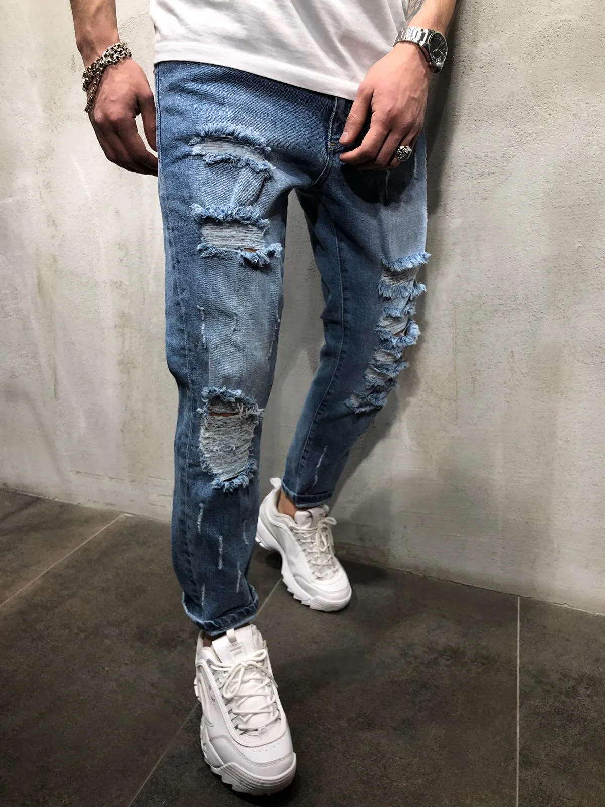 Ripped Blue Jeans Distressed - Blue