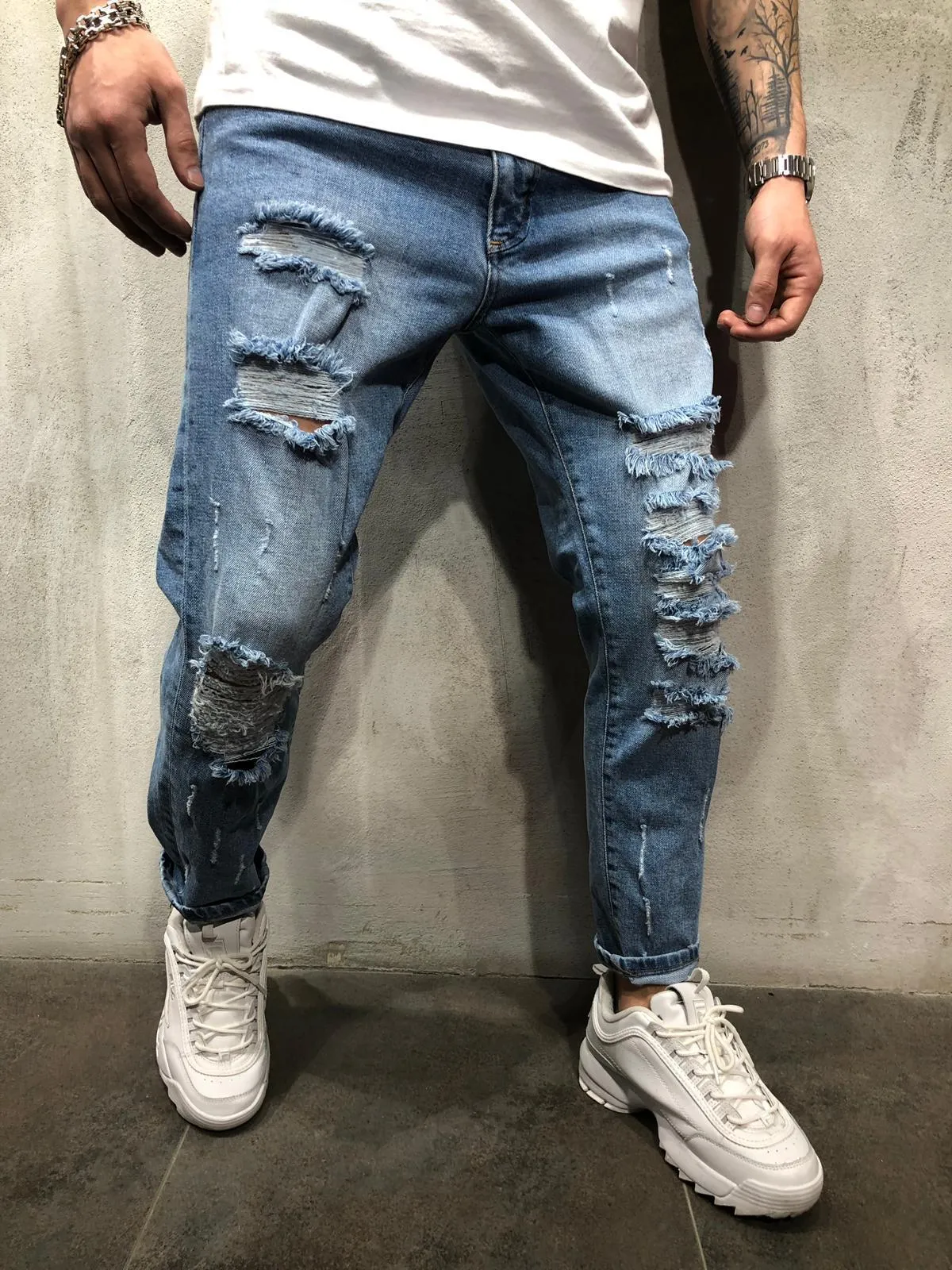 Ripped Blue Jeans Distressed - Blue