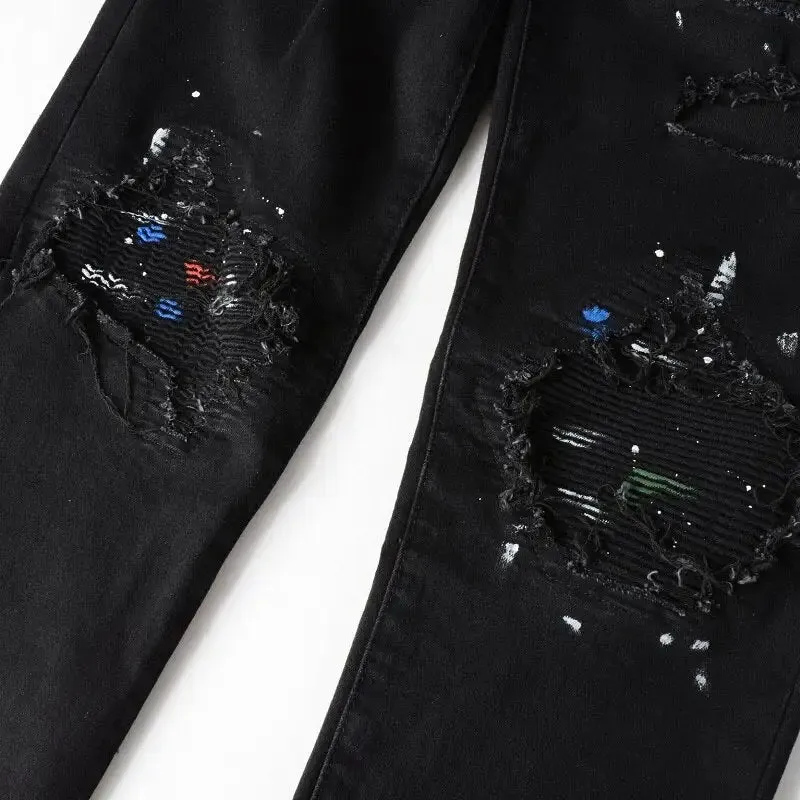 Ripped Men Painted Jeans^