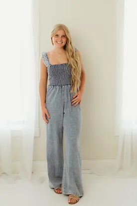 Scallop Washed Denim Overalls