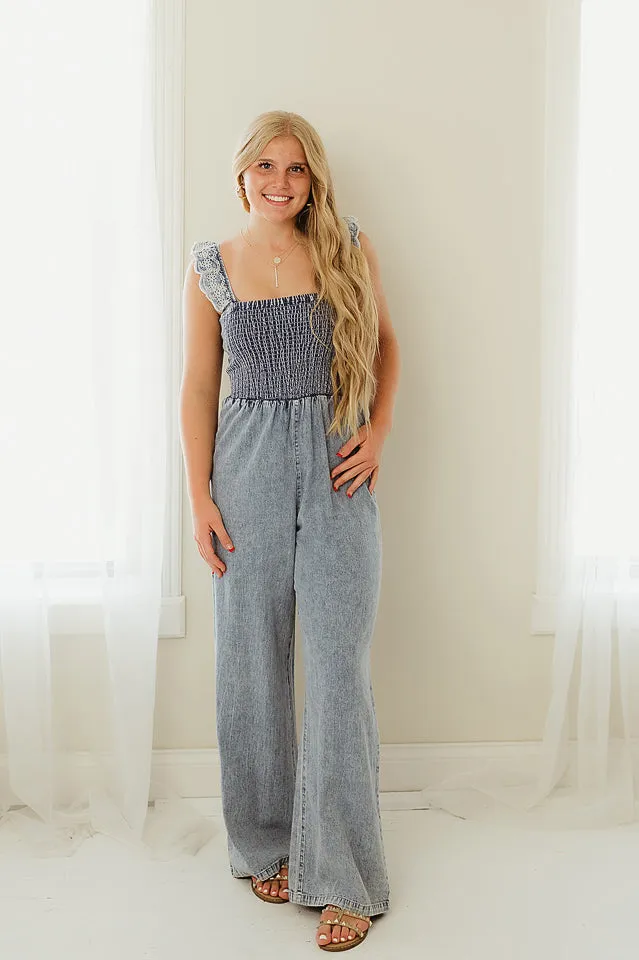 Scallop Washed Denim Overalls