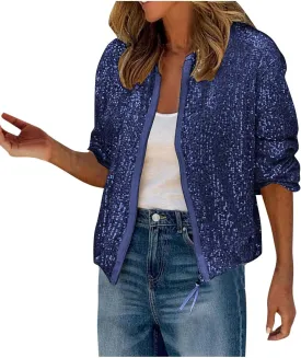Sequin Jackets for Women Sparkly Bomber Jacket Zip Up Cardigans for Women Trendy Concert Tops for Women