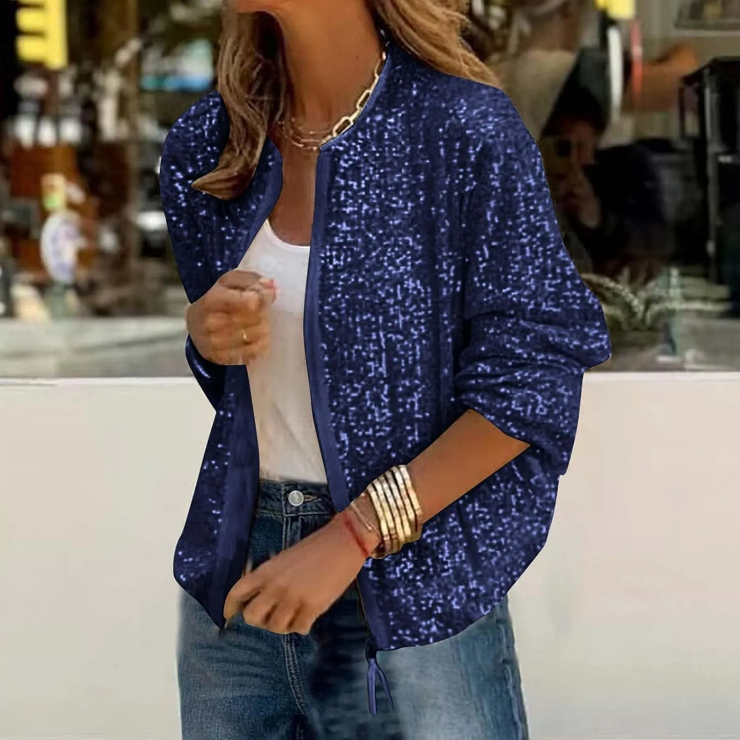 Sequin Jackets for Women Sparkly Bomber Jacket Zip Up Cardigans for Women Trendy Concert Tops for Women