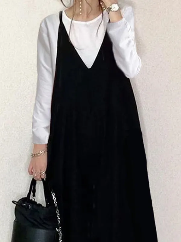 Solid Color Split-Joint Loose Sleeveless Spaghetti-Neck Overalls