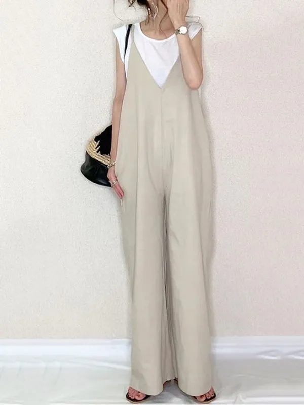 Solid Color Split-Joint Loose Sleeveless Spaghetti-Neck Overalls
