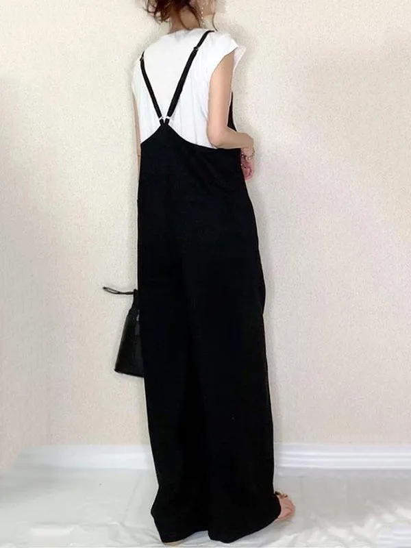 Solid Color Split-Joint Loose Sleeveless Spaghetti-Neck Overalls