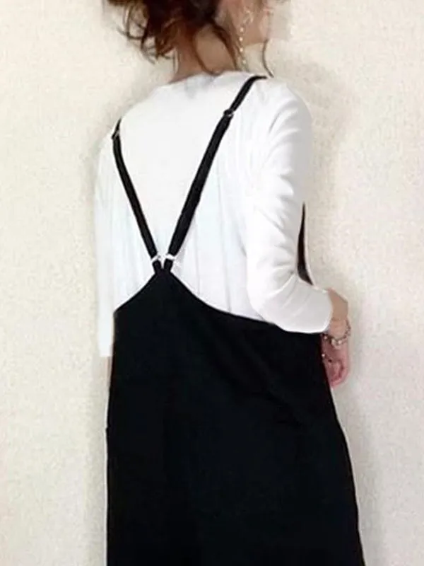 Solid Color Split-Joint Loose Sleeveless Spaghetti-Neck Overalls