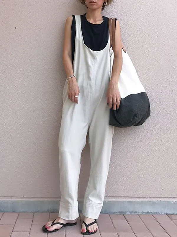 Solid Color Split-Joint Loose Sleeveless U-Neck Overalls