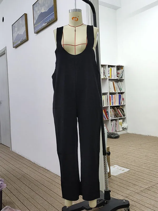 Solid Color Split-Joint Loose Sleeveless U-Neck Overalls