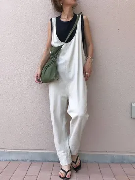 Solid Color Split-Joint Loose Sleeveless U-Neck Overalls