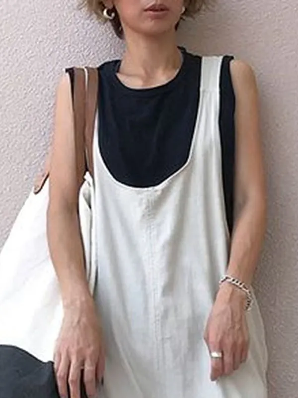 Solid Color Split-Joint Loose Sleeveless U-Neck Overalls