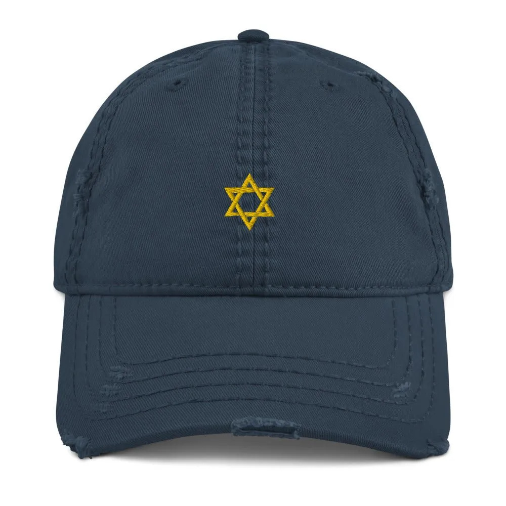 Star of David Embroidered Distressed 6 panel hat cap God Talmud Bar Mitzvah Yeshiva Cool Faith Jewish Mogen Magen Temple Beliefs
