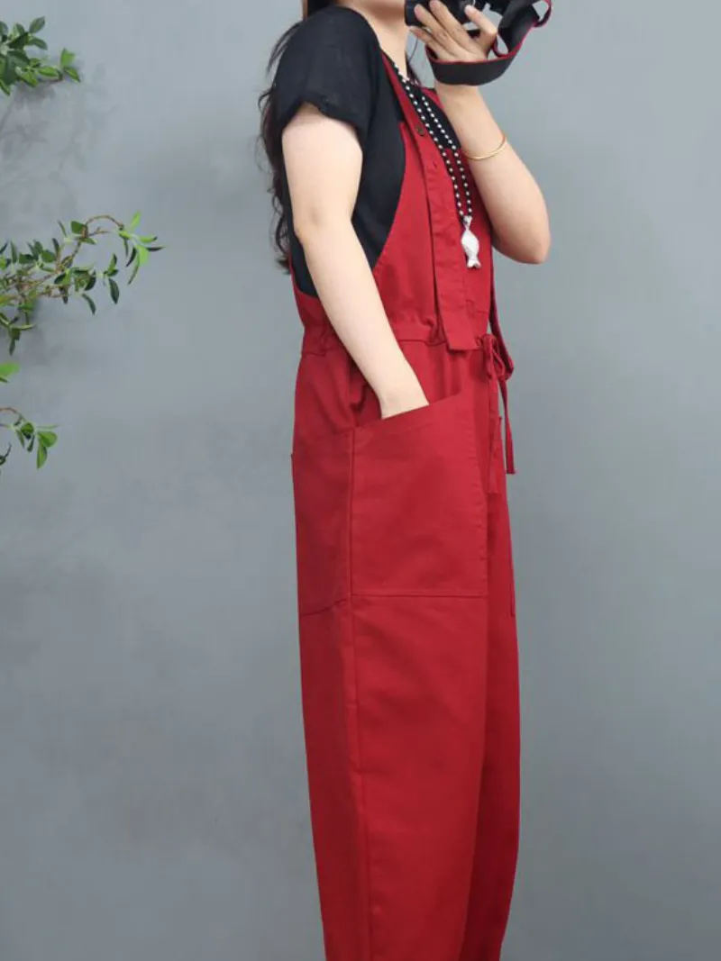 Stylish Waist Tie Belt Loose Wide-Leg Boho Pockets Overalls