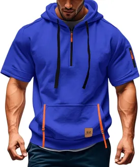 Summer 1/4 Zip Up Hoodies T-Shirt for Men Short Sleeve Workout Athletic Hooded Shirt Pullover Casual Tops Vests with Pockets