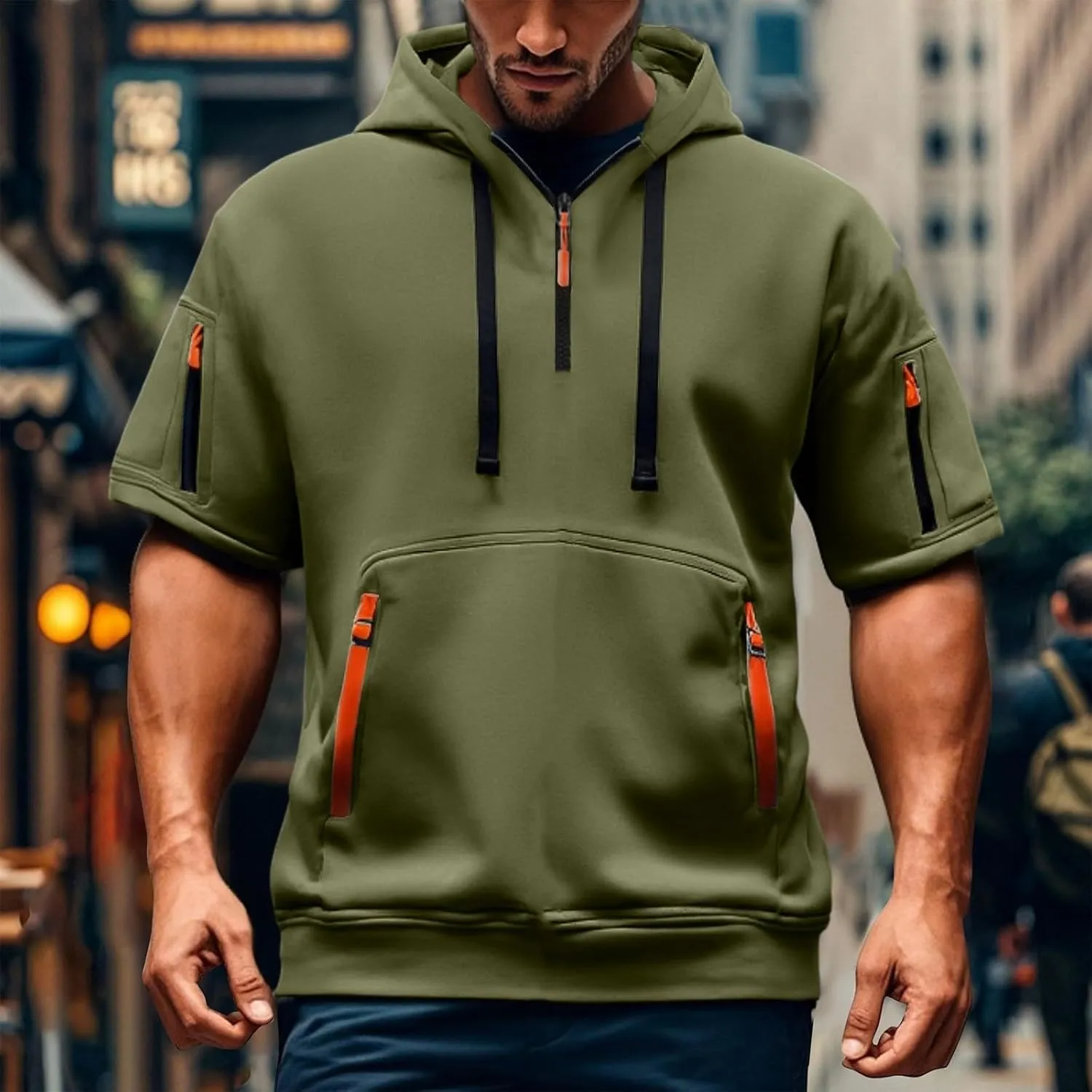 Summer 1/4 Zip Up Hoodies T-Shirt for Men Short Sleeve Workout Athletic Hooded Shirt Pullover Casual Tops Vests with Pockets