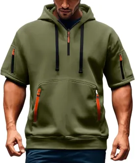 Summer 1/4 Zip Up Hoodies T-Shirt for Men Short Sleeve Workout Athletic Hooded Shirt Pullover Casual Tops Vests with Pockets