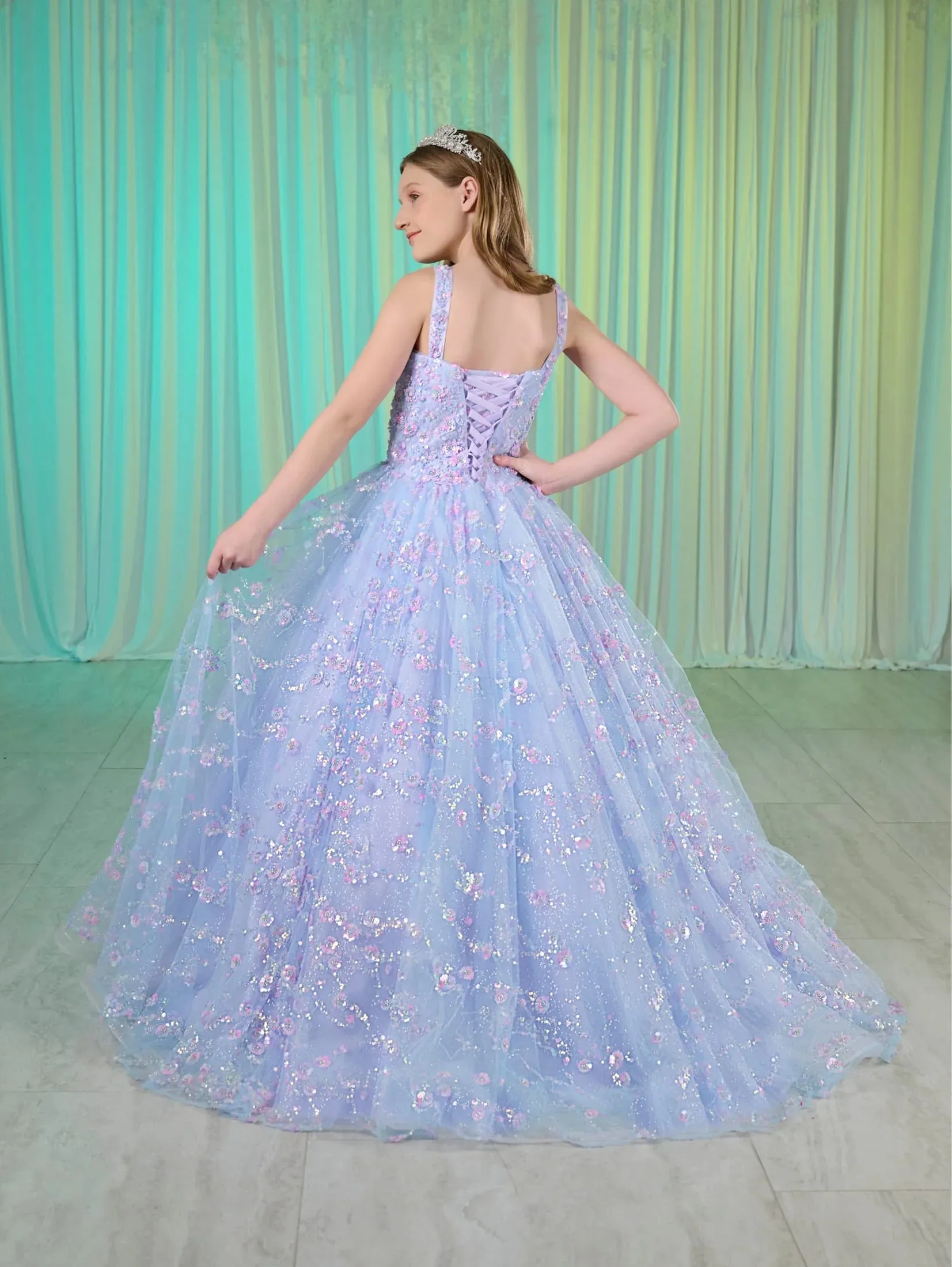 Tiffany Princess 80026MQ Size 10 Sky Girls Sequin Pageant Dress Corset Ball Gown Scoop neck Train