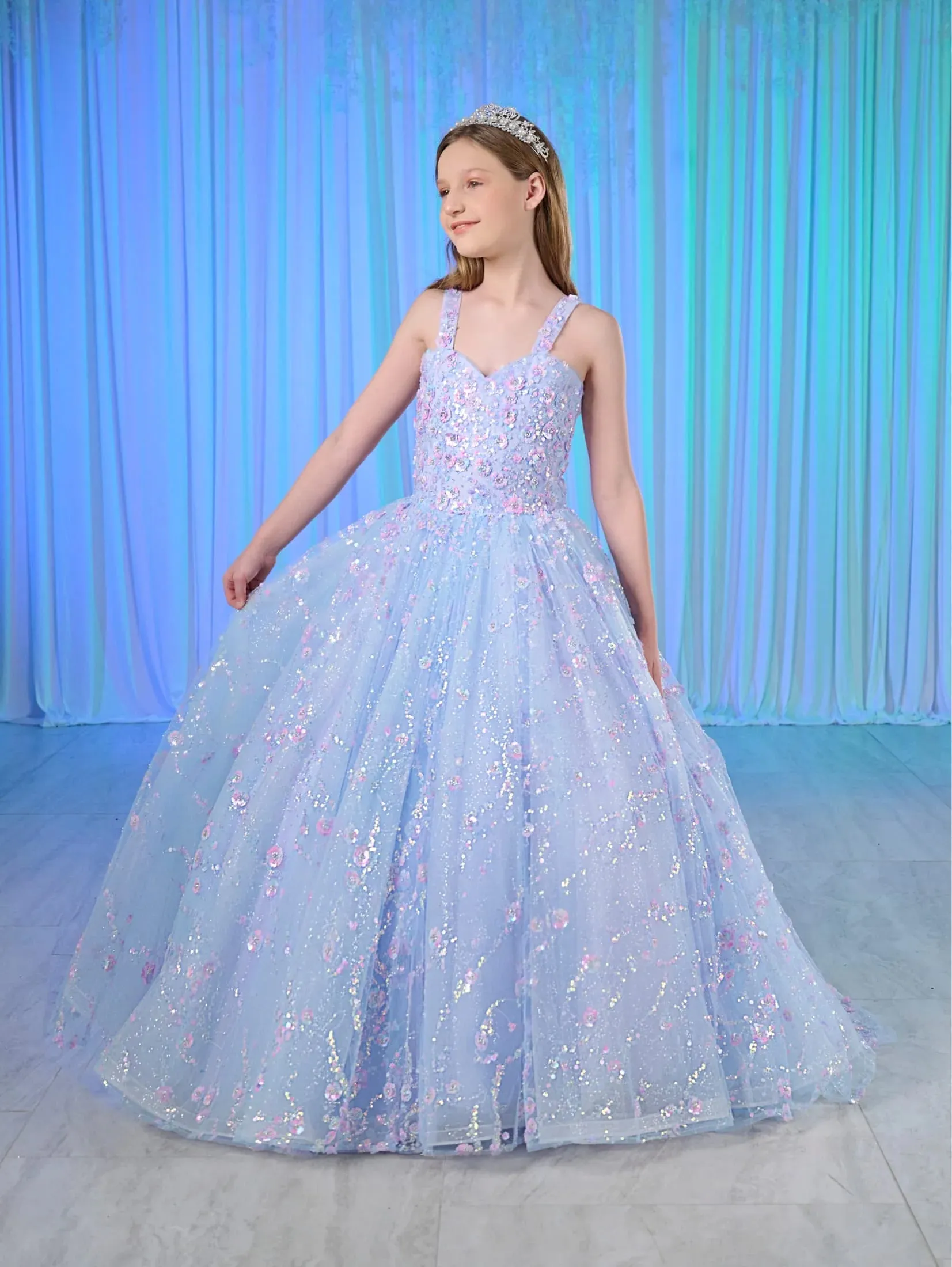 Tiffany Princess 80026MQ Size 10 Sky Girls Sequin Pageant Dress Corset Ball Gown Scoop neck Train
