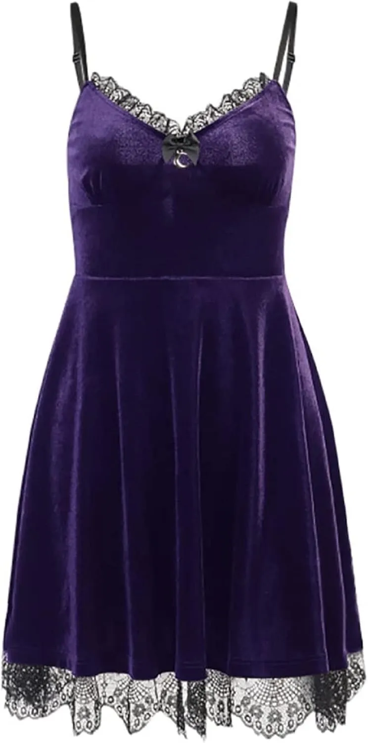 TSMNZMU Womens Gothic Lolita Dress Velvet Moon Camisole Dresses Sleeveless Punk Grunge Emo Dress Goth Alt Witchy Fairy Dress