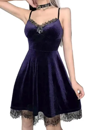 TSMNZMU Womens Gothic Lolita Dress Velvet Moon Camisole Dresses Sleeveless Punk Grunge Emo Dress Goth Alt Witchy Fairy Dress