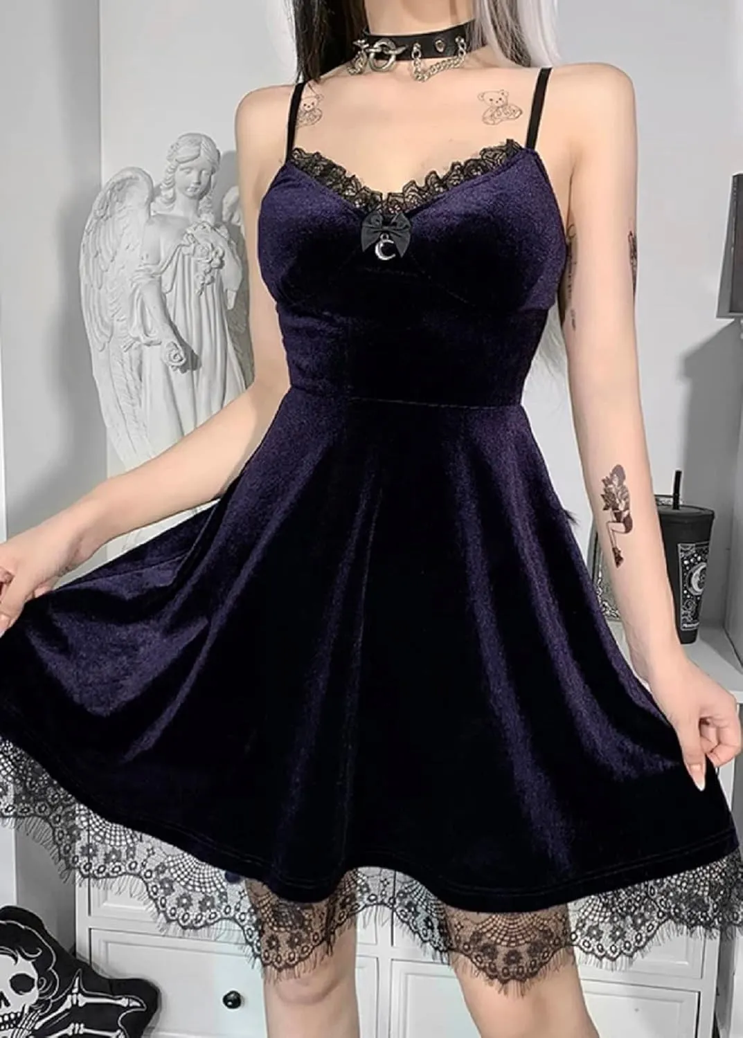 TSMNZMU Womens Gothic Lolita Dress Velvet Moon Camisole Dresses Sleeveless Punk Grunge Emo Dress Goth Alt Witchy Fairy Dress