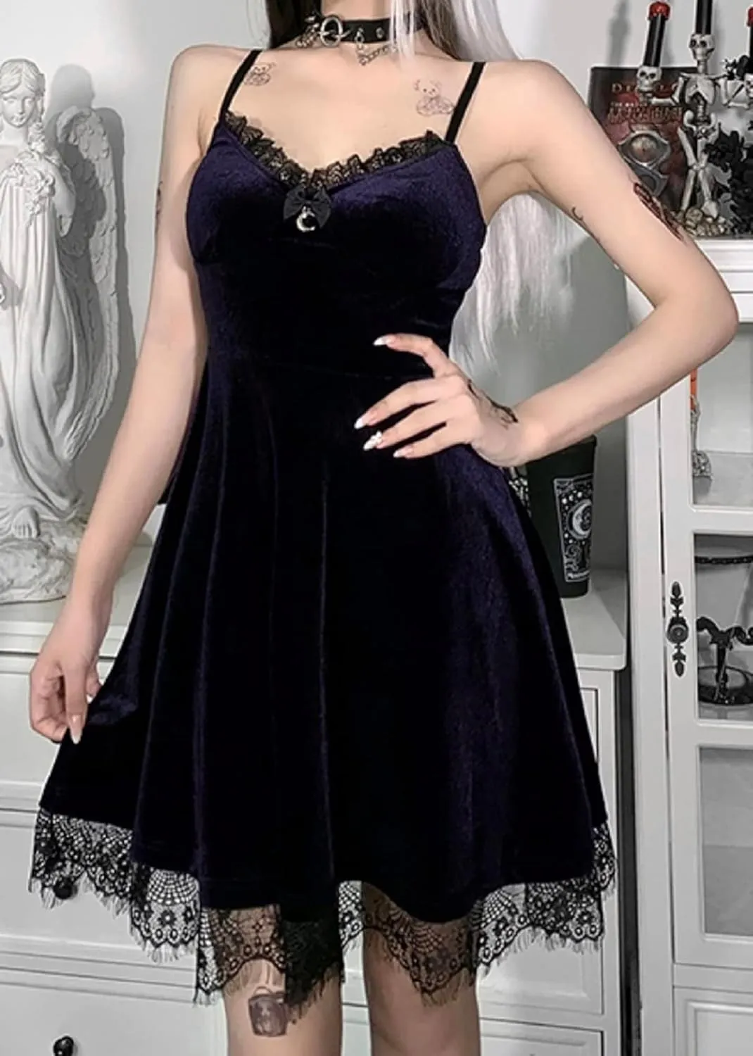TSMNZMU Womens Gothic Lolita Dress Velvet Moon Camisole Dresses Sleeveless Punk Grunge Emo Dress Goth Alt Witchy Fairy Dress