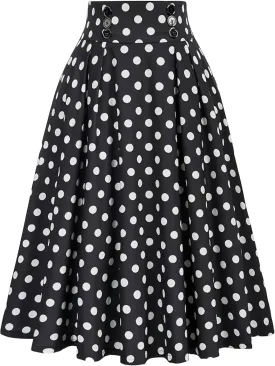 Vintage Polka Dot Skirt for Women High Elastic Waist Pleated Flare Midi Long Skirt Button Party A-Line Swing Skirts