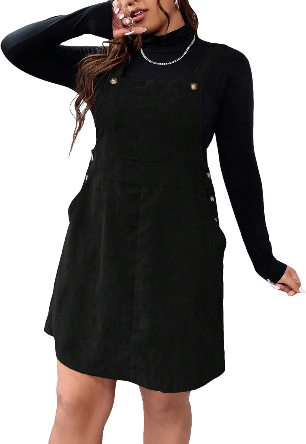 WDIRARA Women's Plus Size Corduroy Overalls Sleeveless Solid Pinafore Dress with Pocket