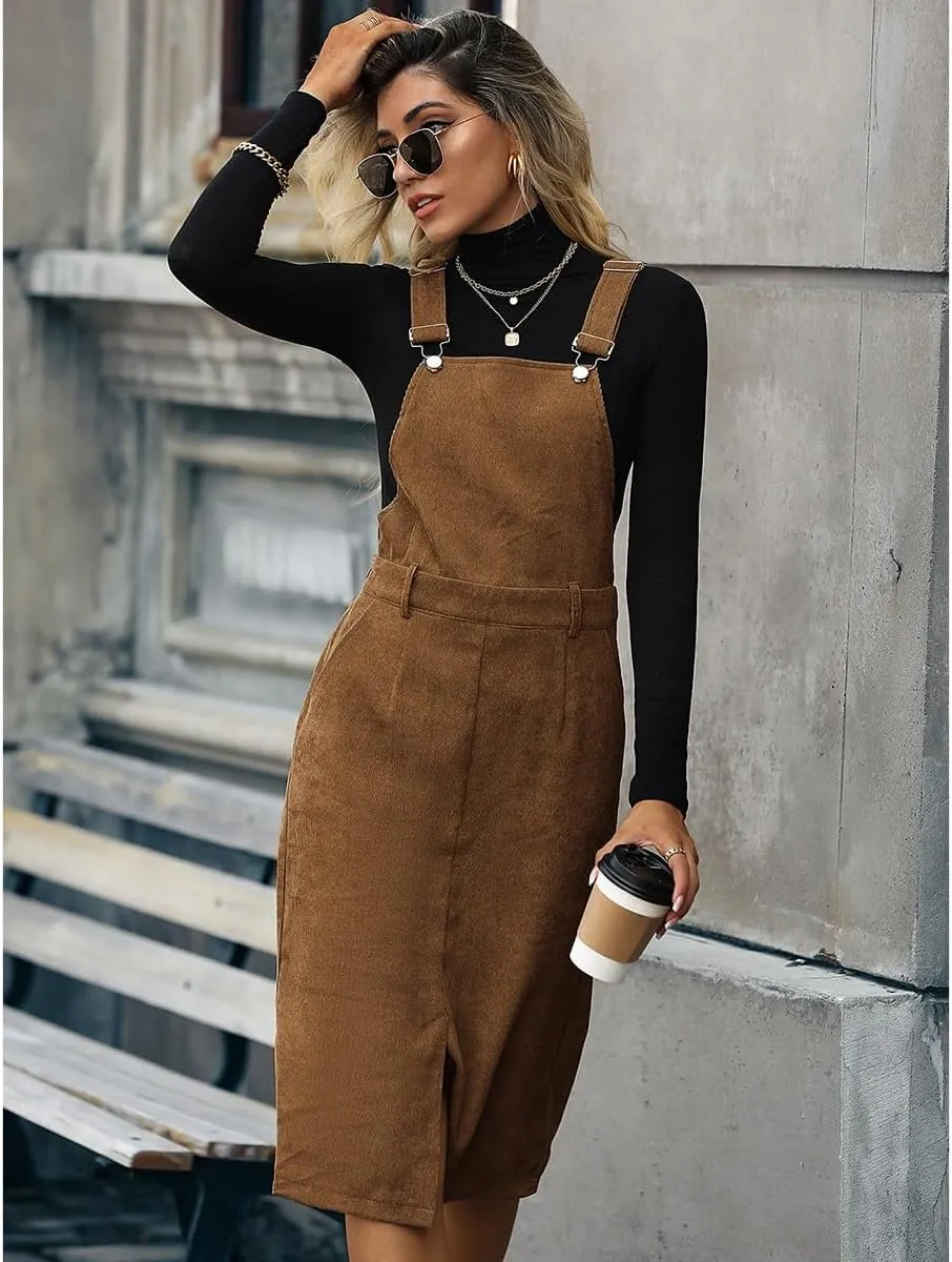 WDIRARA Women's Plus Size Corduroy Overalls Sleeveless Solid Pinafore Dress with Pocket