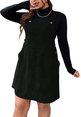WDIRARA Women's Plus Size Corduroy Overalls Sleeveless Solid Pinafore Dress with Pocket