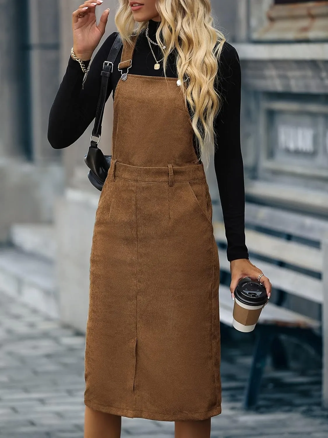 WDIRARA Women's Plus Size Corduroy Overalls Sleeveless Solid Pinafore Dress with Pocket