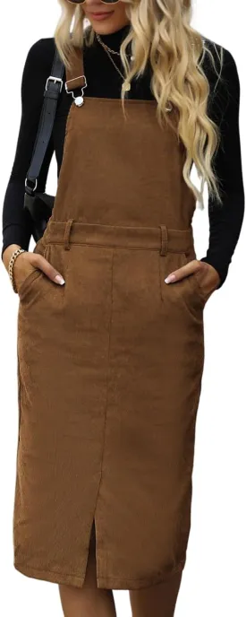 WDIRARA Women's Plus Size Corduroy Overalls Sleeveless Solid Pinafore Dress with Pocket