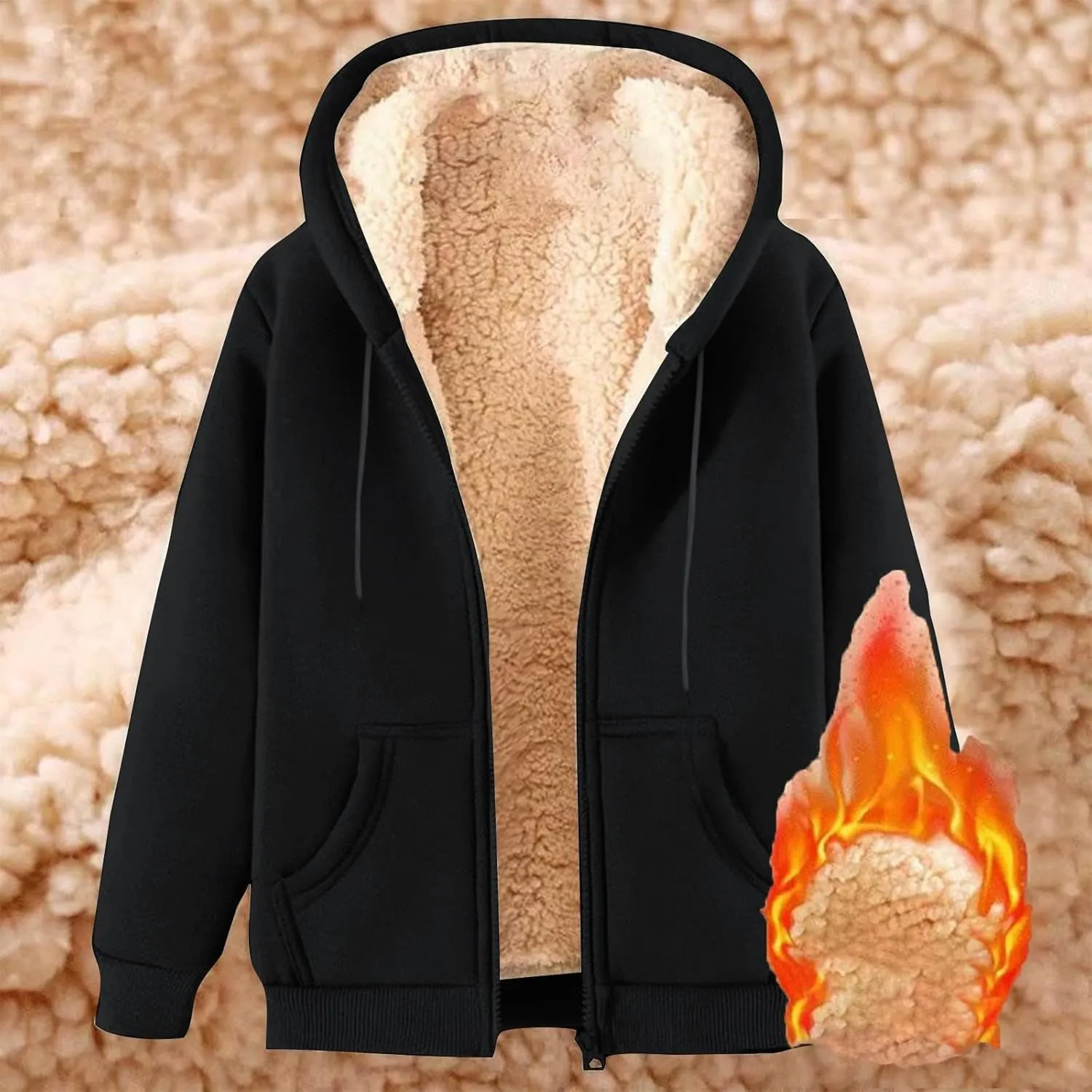 Winter Jackets for Men Fleece Lined Hooded Jacket Zip up Fuzzy Hoodie Faux Fur Coat Thermal Outerwear Unisex Hoodies
