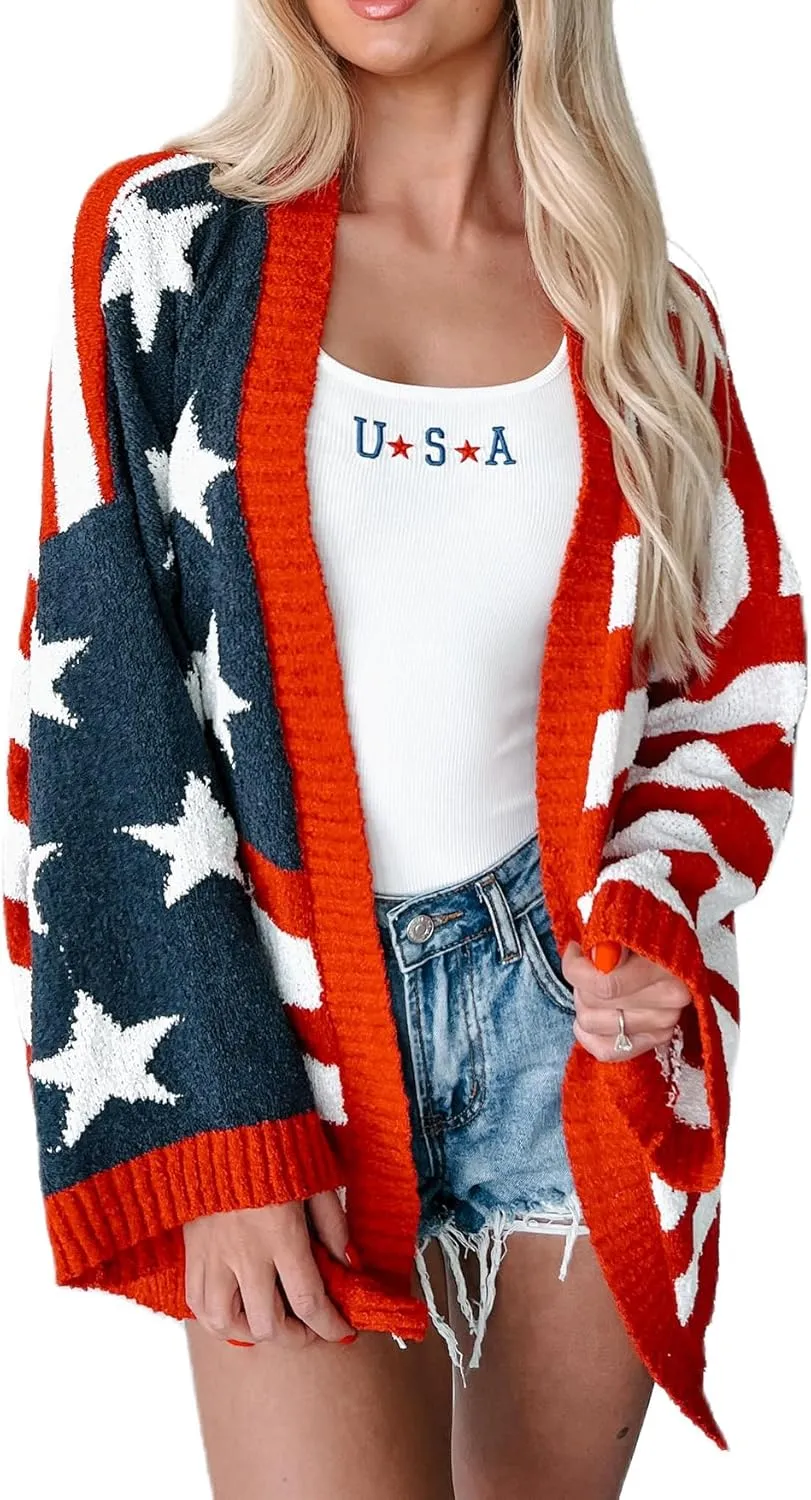 Women American Flag Cardigan Sweaters Patriotic Oversized Long Sleeve Button Down Open Front Cardigans Knitwear
