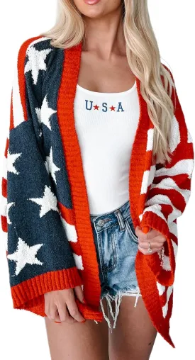 Women American Flag Cardigan Sweaters Patriotic Oversized Long Sleeve Button Down Open Front Cardigans Knitwear