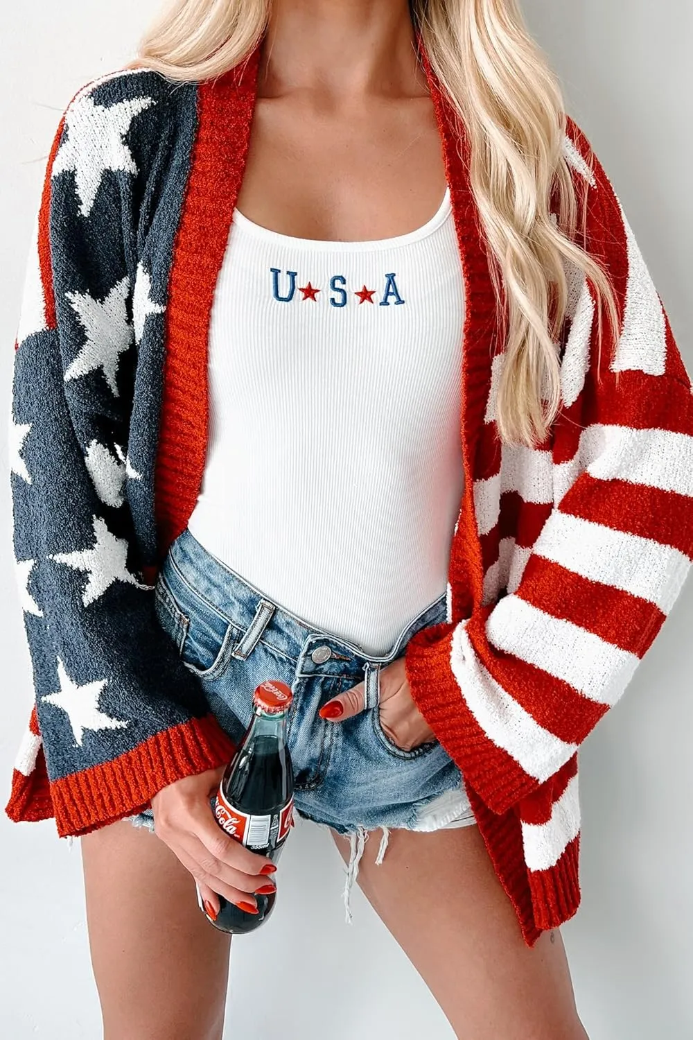 Women American Flag Cardigan Sweaters Patriotic Oversized Long Sleeve Button Down Open Front Cardigans Knitwear