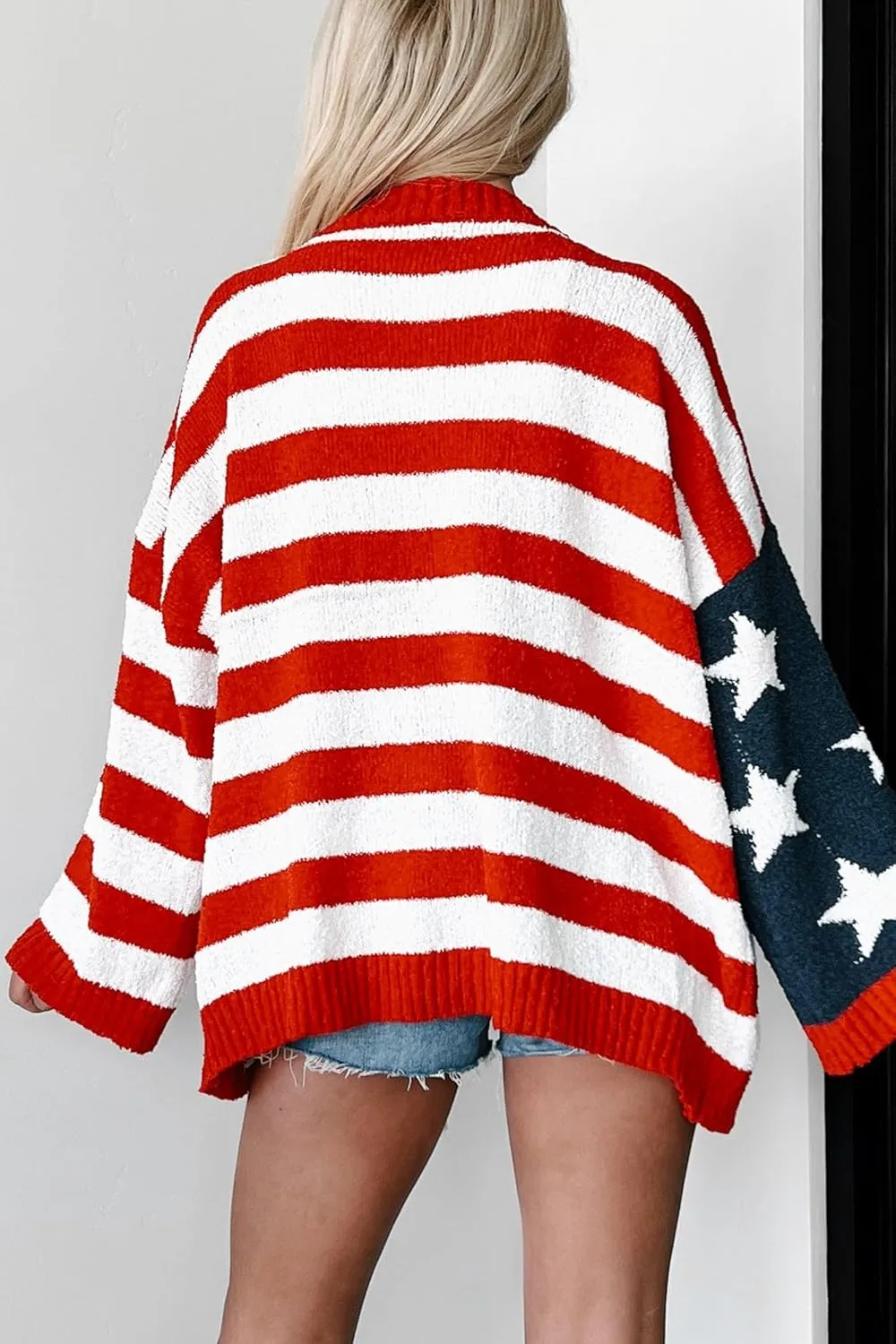 Women American Flag Cardigan Sweaters Patriotic Oversized Long Sleeve Button Down Open Front Cardigans Knitwear