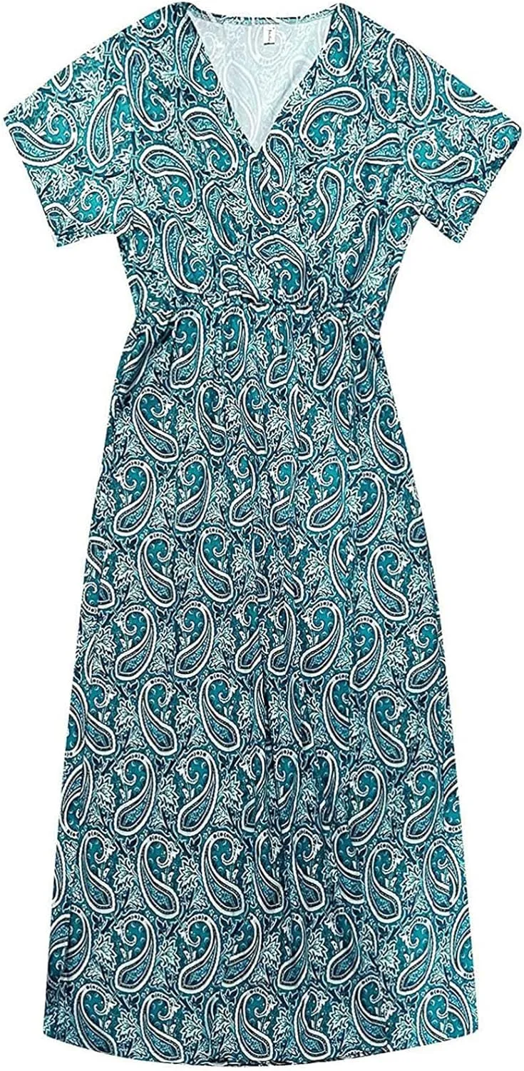 Women Boho Belted Maxi Dress Short Sleeve Wrap V Neck Floral A Line Flowy Belted Wedding Guest Party Maxi Long Dress