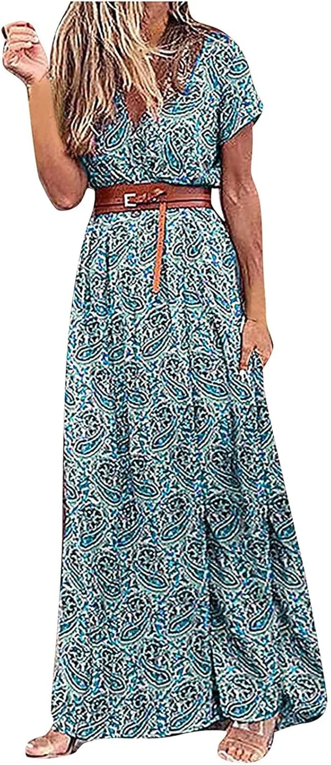 Women Boho Belted Maxi Dress Short Sleeve Wrap V Neck Floral A Line Flowy Belted Wedding Guest Party Maxi Long Dress