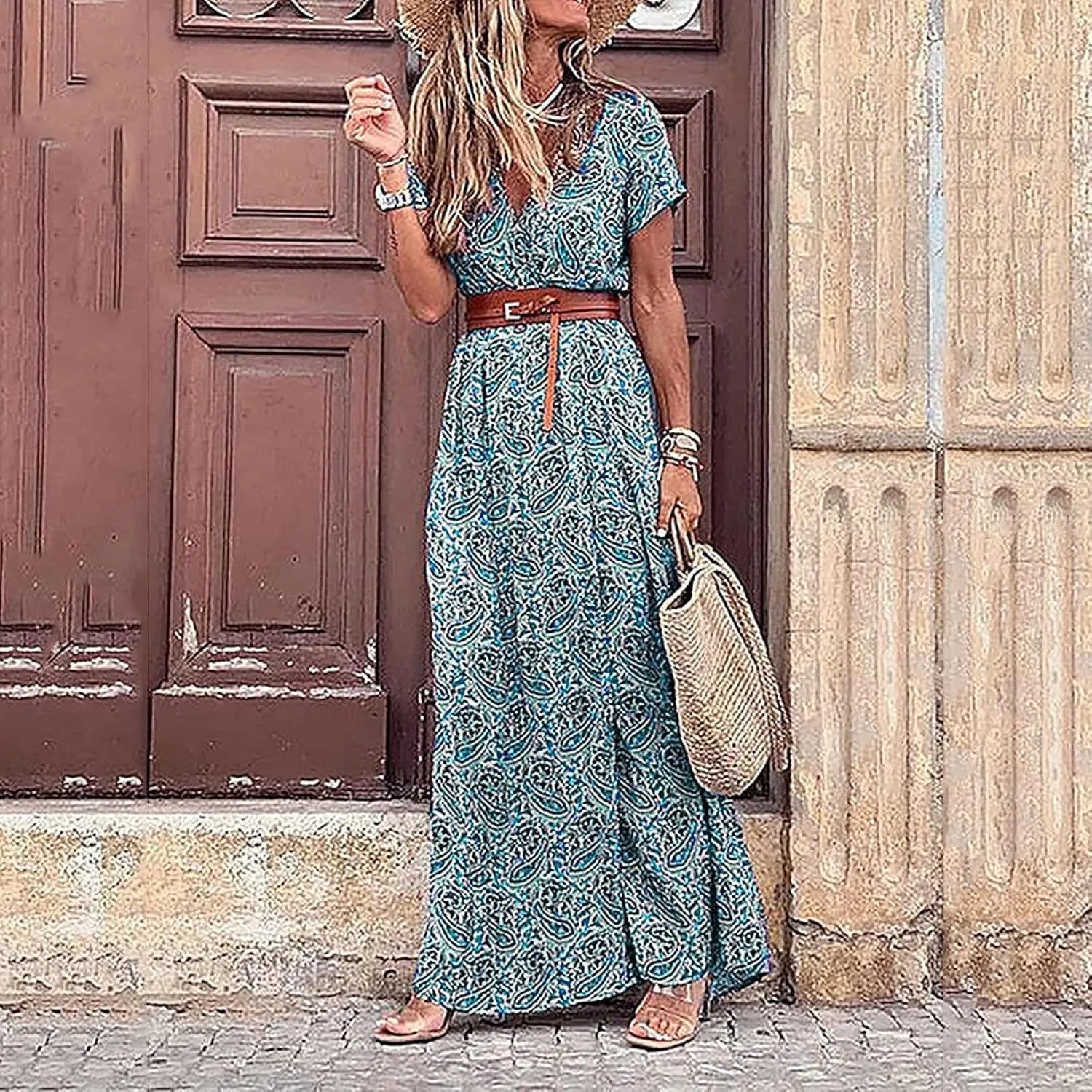 Women Boho Belted Maxi Dress Short Sleeve Wrap V Neck Floral A Line Flowy Belted Wedding Guest Party Maxi Long Dress