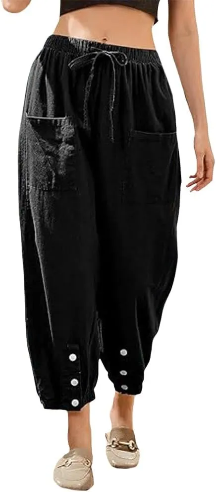 Women Elastic Waisted Cargo Pants Casual Drawstring Wide Leg Pants with Pockets Loose Button Trousers