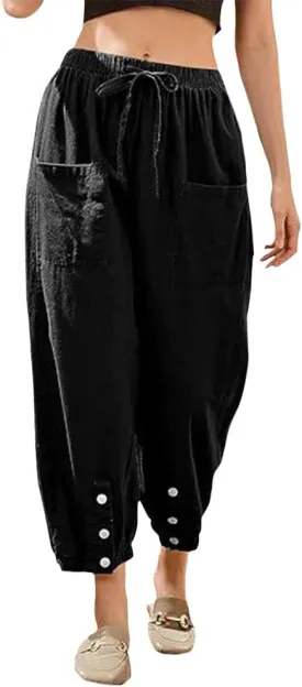 Women Elastic Waisted Cargo Pants Casual Drawstring Wide Leg Pants with Pockets Loose Button Trousers