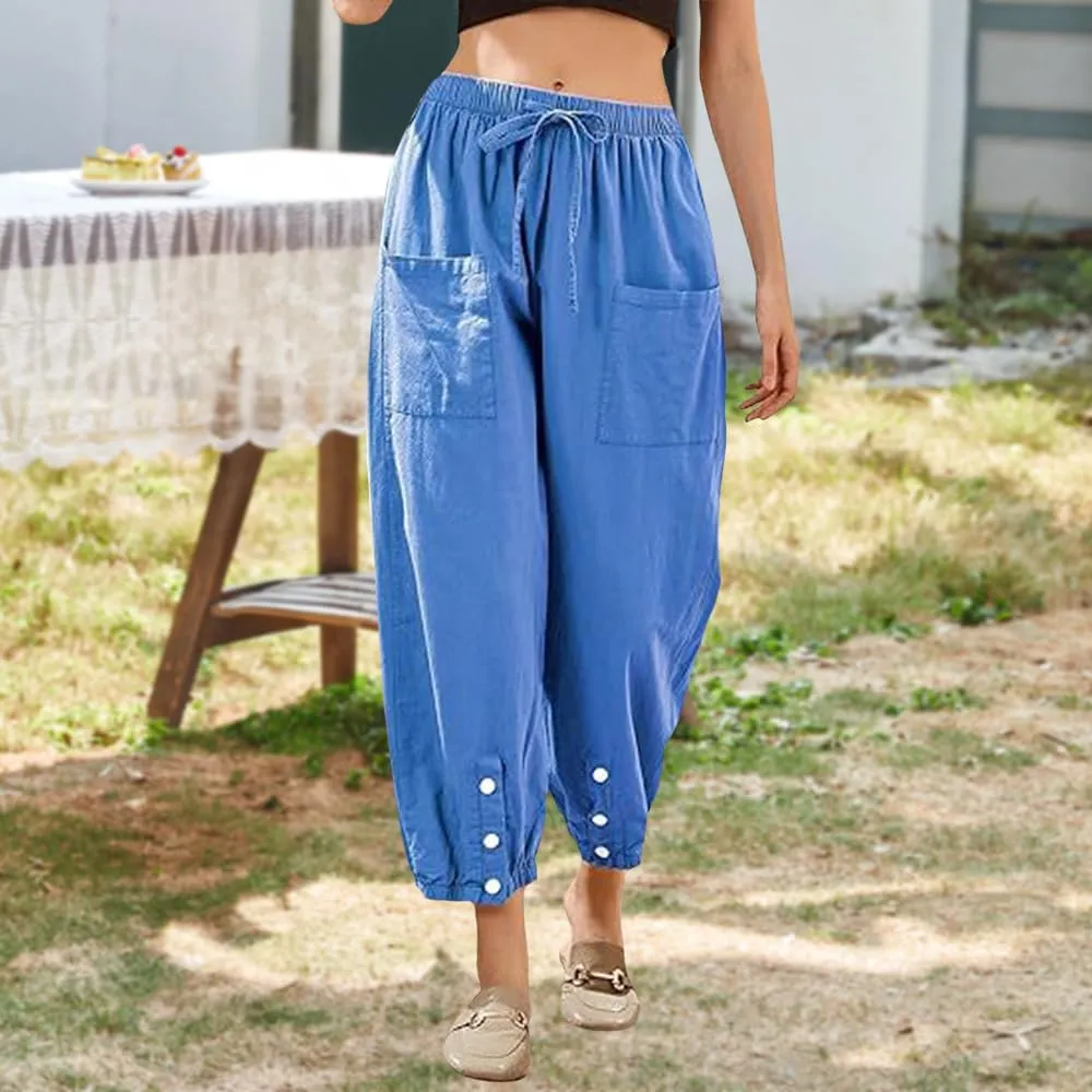 Women Elastic Waisted Cargo Pants Casual Drawstring Wide Leg Pants with Pockets Loose Button Trousers