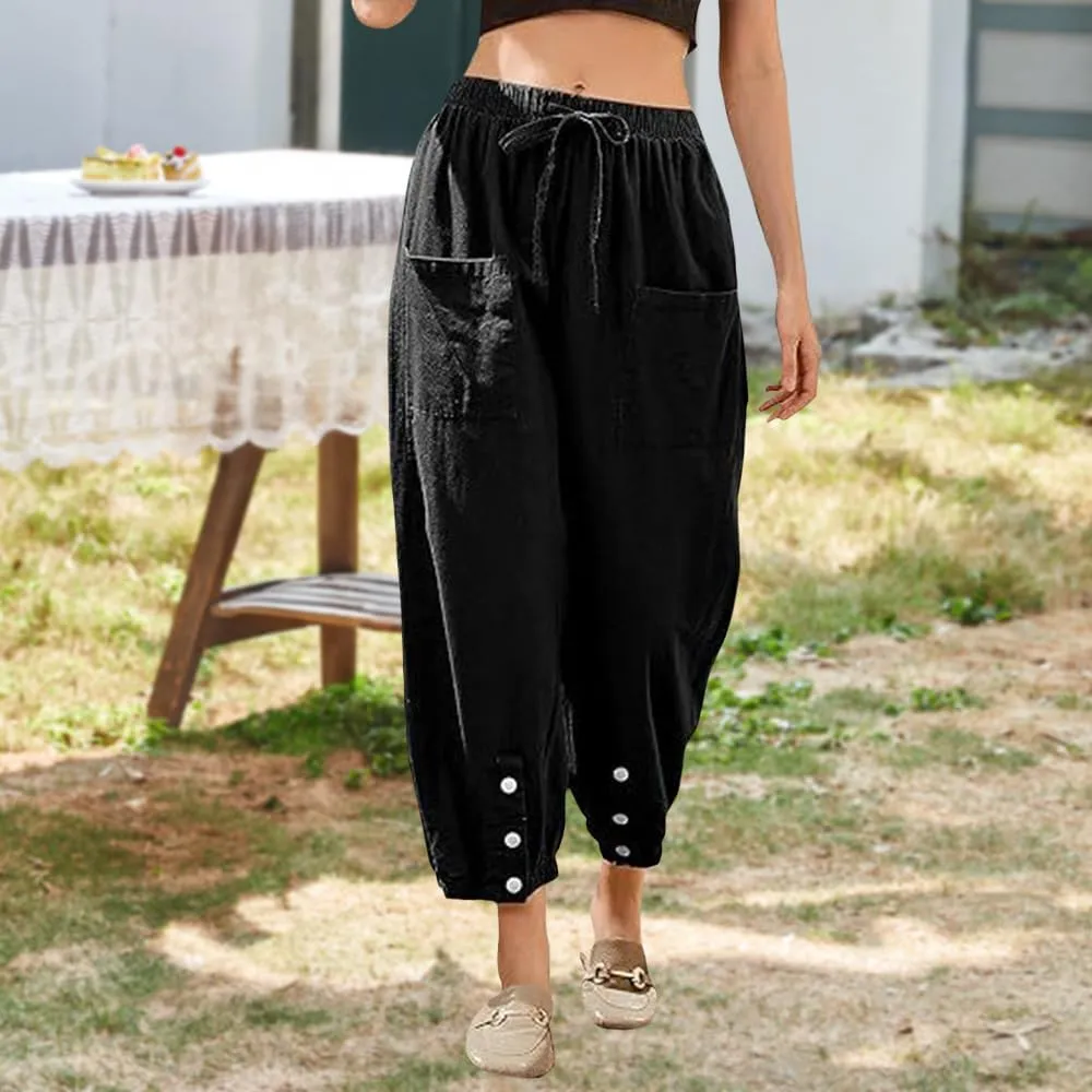 Women Elastic Waisted Cargo Pants Casual Drawstring Wide Leg Pants with Pockets Loose Button Trousers