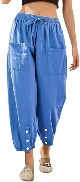Women Elastic Waisted Cargo Pants Casual Drawstring Wide Leg Pants with Pockets Loose Button Trousers