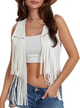 Women Tassel Vest 70s Faux Suede Rivets Sleeveless Fringe Waistcoat Jacket Open Front Boho Western Jacket Cardigan