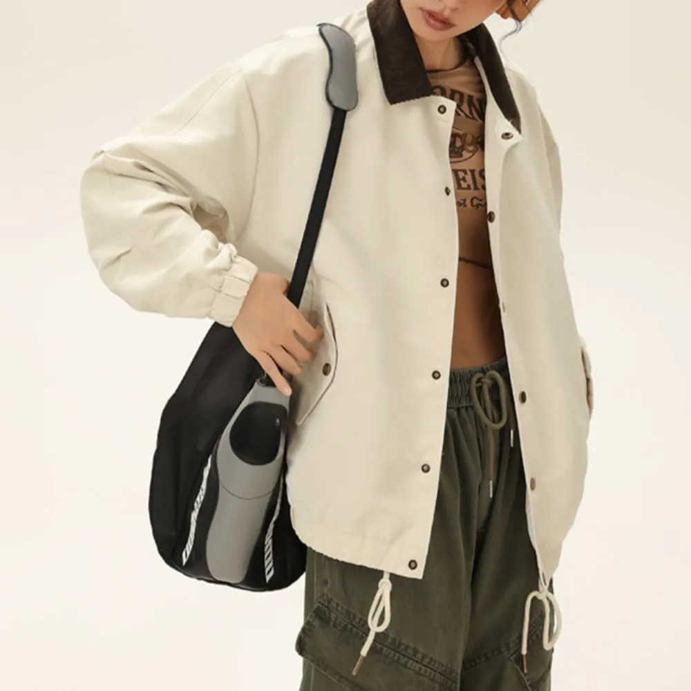 Women's Barn Jacket Button Down Contrast Collar Lightweight Oversized Utility Vintage Bomber Coat with Pockets