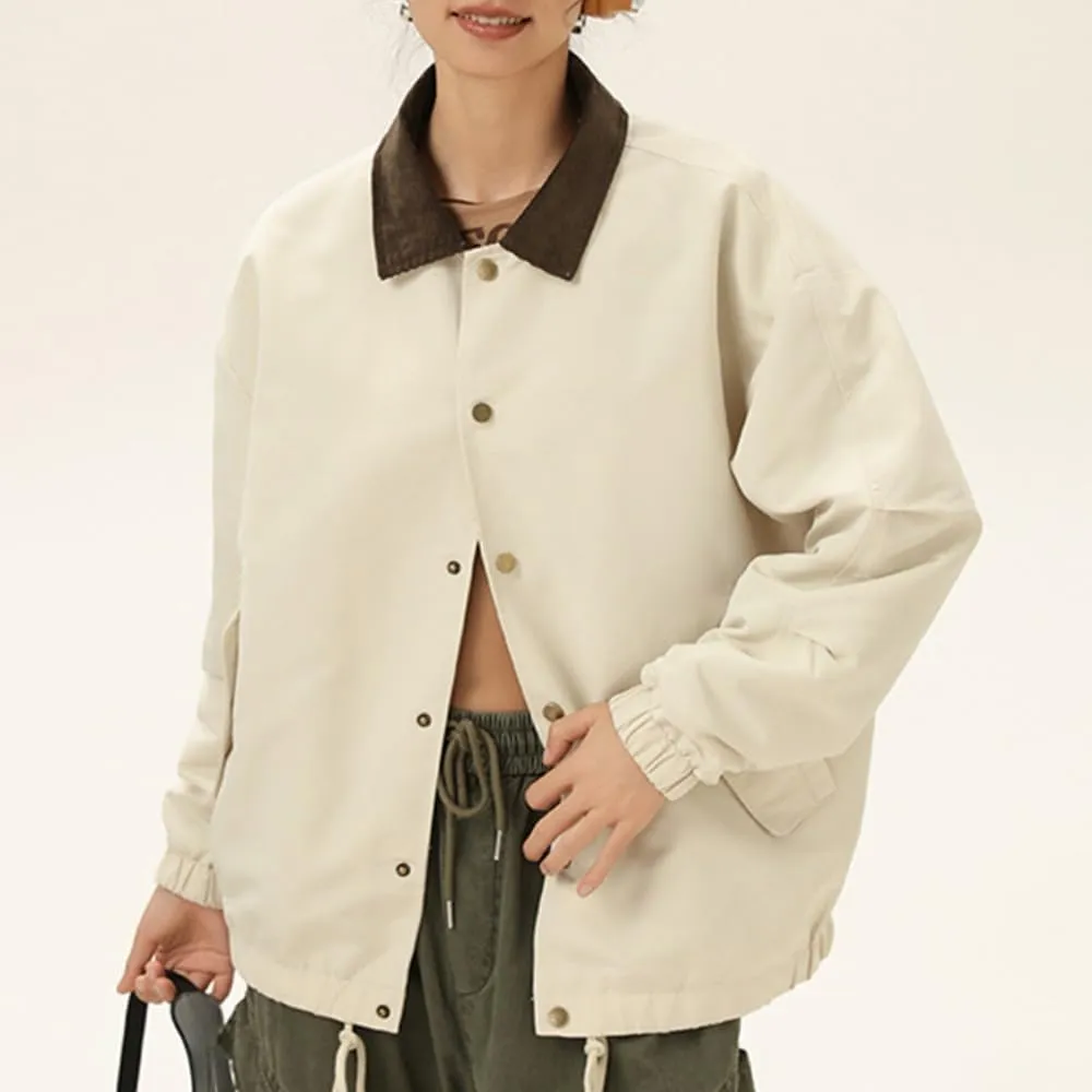 Women's Barn Jacket Button Down Contrast Collar Lightweight Oversized Utility Vintage Bomber Coat with Pockets