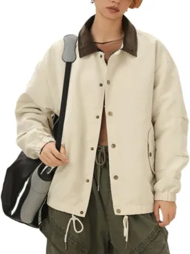 Women's Barn Jacket Button Down Contrast Collar Lightweight Oversized Utility Vintage Bomber Coat with Pockets